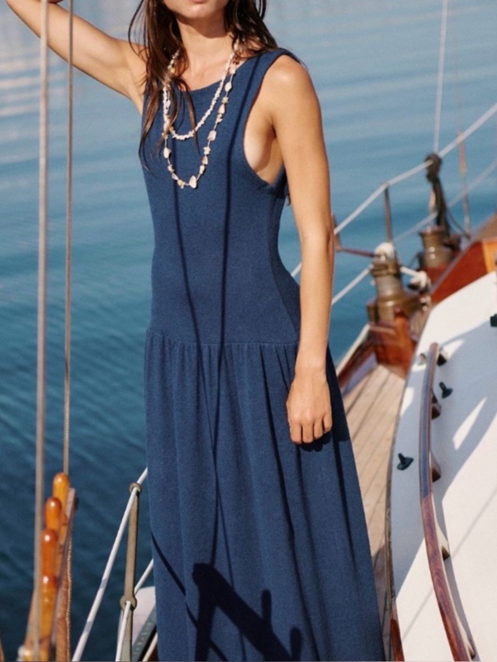FREE PEOPLE BEACH Easy Does It Maxi Dress Navy Blue Drop Waist  Medium M